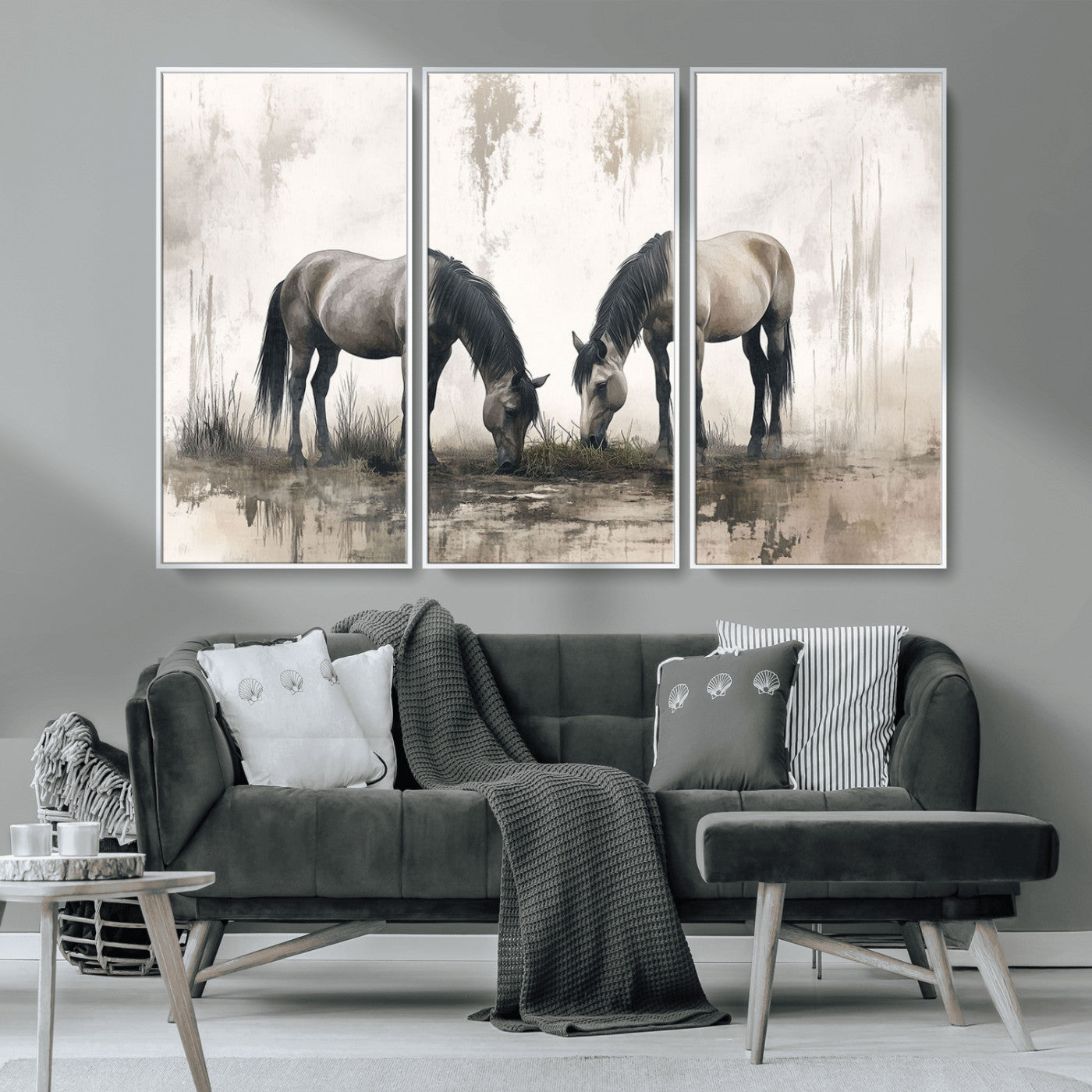 MGV-FC-48X32-3P - Chines Ink Style Vintage Horses Wall Art Canvas Print for Farmhouse Wall Decor