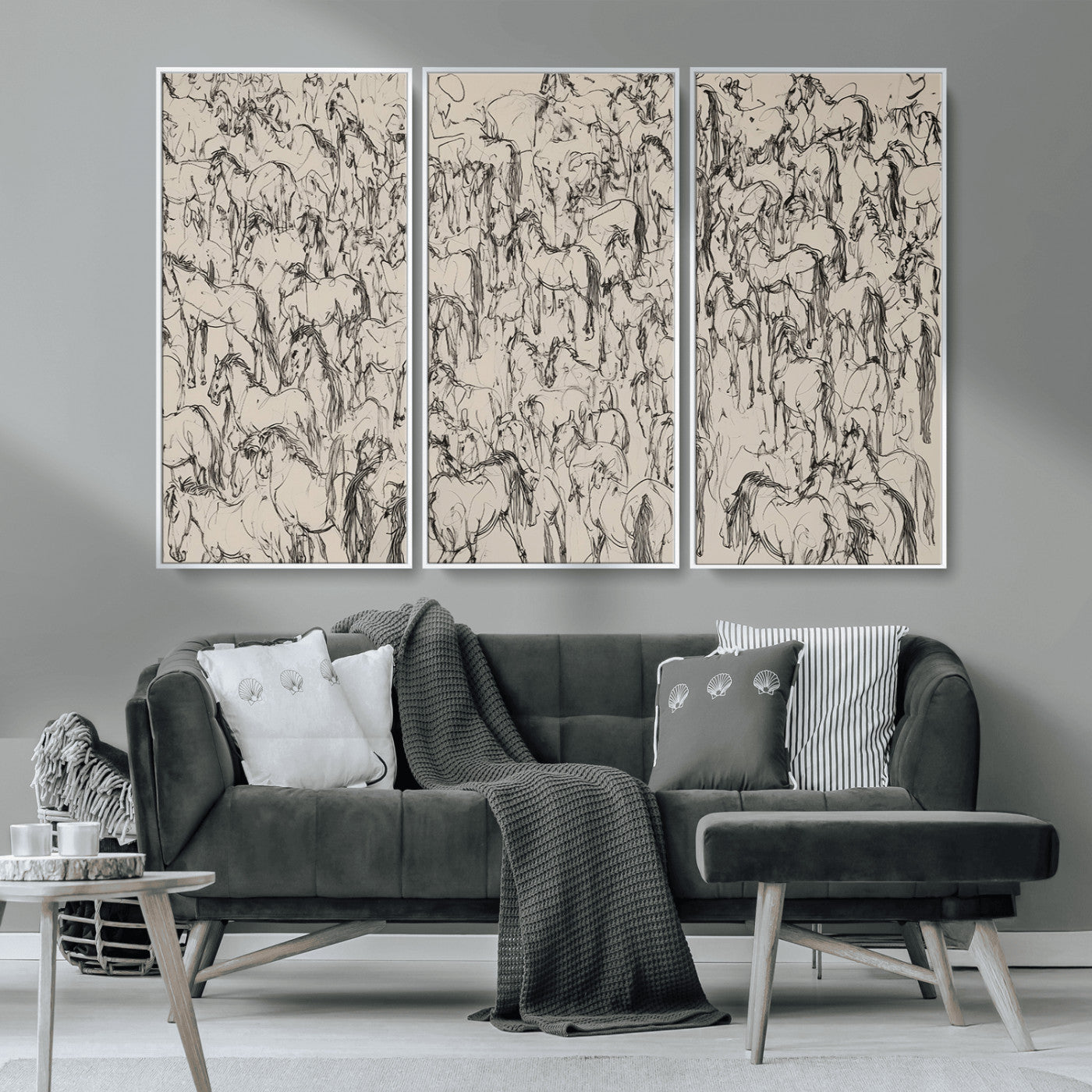 MGV-FC-48X32-3P - Abstract Horse Sketch Wall Art | Ready to Hang and Framed | Farmhouse Wall Decor for Living Room or