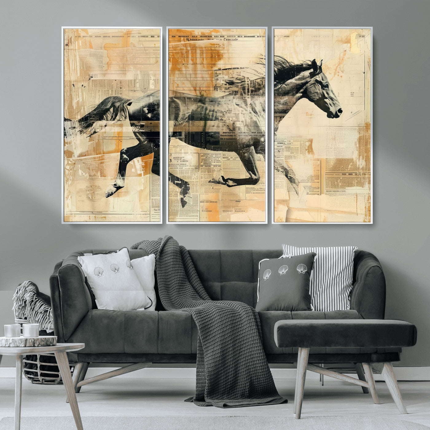 MGV-FC-48X32-3P - Chines Style Running Horse Western Wall Art | Farmhouse Wall Decor | Ready to Hang Framed Canvas