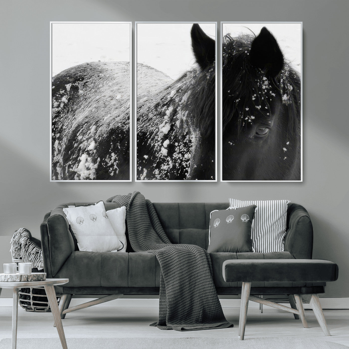 MGV-FC-48X32-3P - Black Horse in Snow Canvas Print | Winter Horse Wall Art | Ready to Hang and Framed | Farmhouse Wall