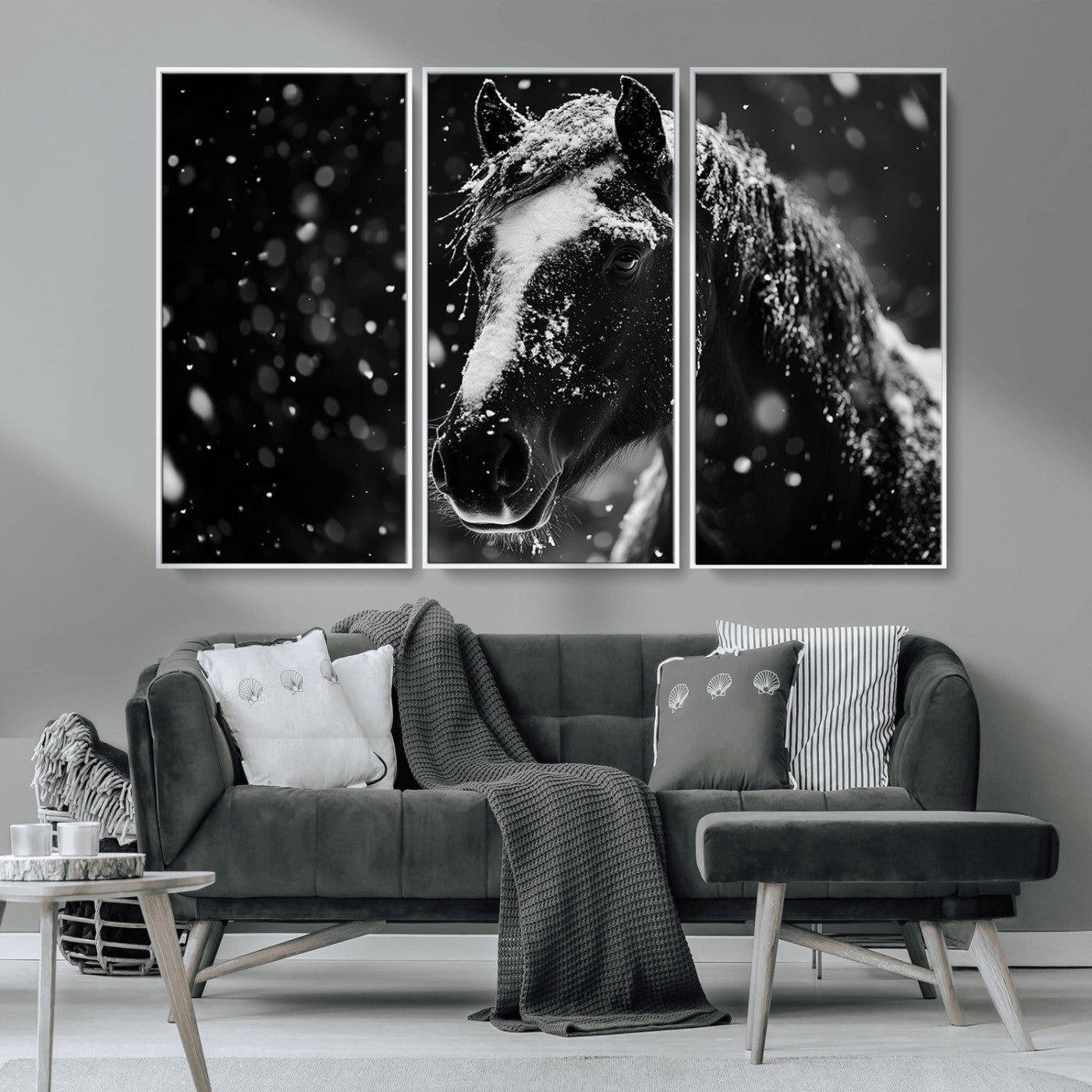 MGV-FC-48X32-3P - Winter Horse Wall Art | Black and White Horse Print | Ready to Hang and Framed | Farmhouse Wall Art