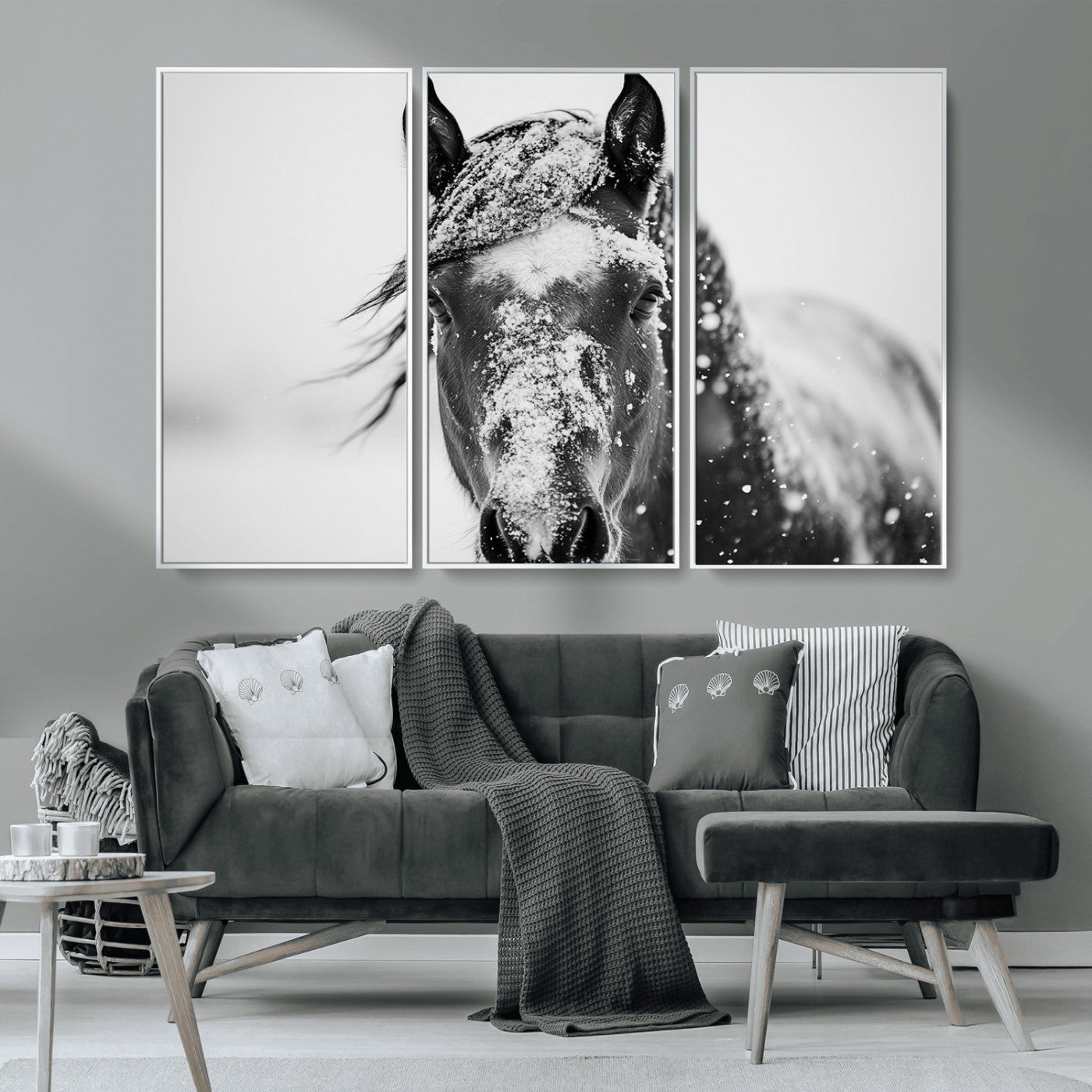 MGV-FC-48X32-3P - Western Wall Art | Black and White Winter Horse Wall Art | Ready to Hang and Framed | Farmhouse and