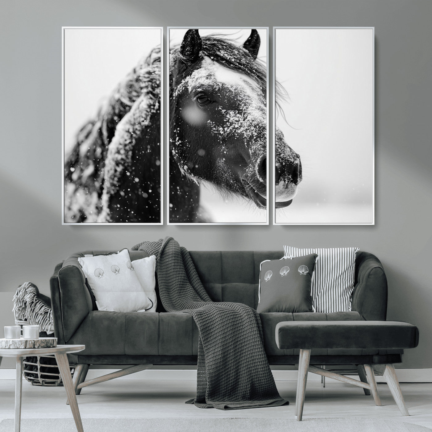 MGV-FC-48X32-3P - Winter Horse Canvas Print | Large 3-Panel Black White Equine Photography for Rustic Farmhouse Wall