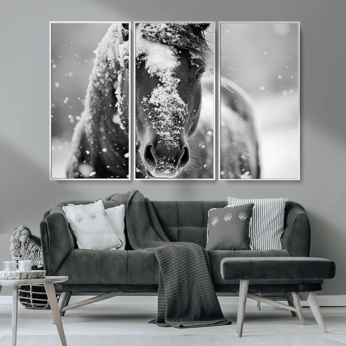 MGV-FC-48X32-3P - Black and White Horse Winter Wall Art | Ready to Hang and Framed | Farmhouse Wall Decor | Western