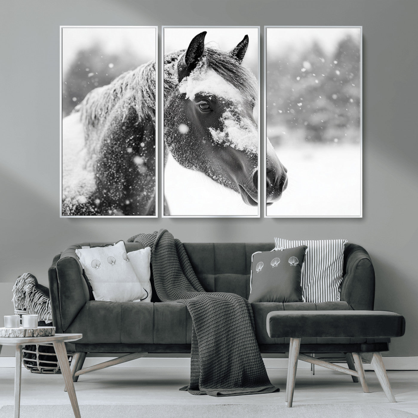 MGV-FC-48X32-3P - Black Horse Winter Wall Art | Ready to Hang and Framed | Farmhouse and Western Wall Decor for Living