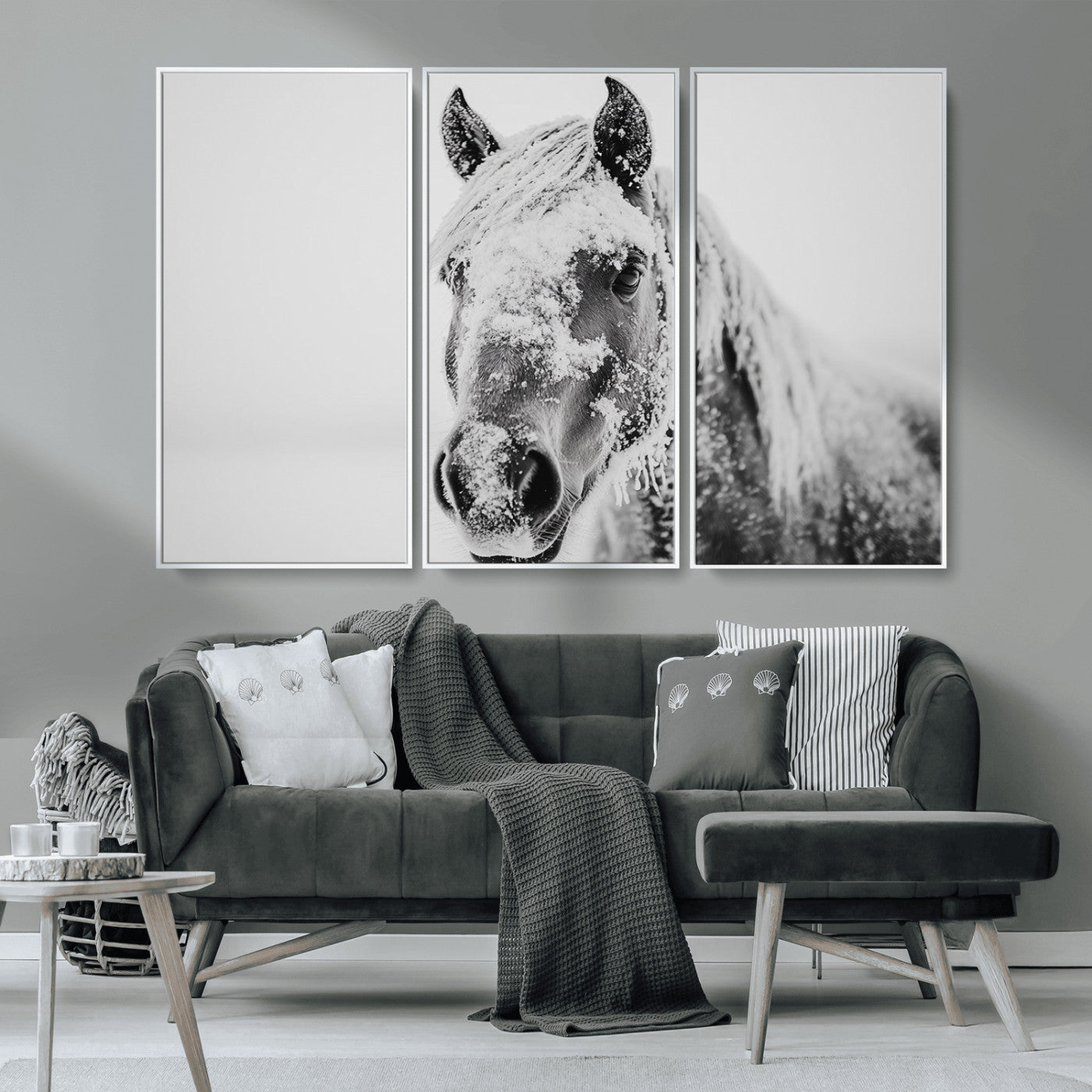 MGV-FC-48X32-3P - White Horse Wall Art | Ready to Hang and Framed | Winter Horse Wall Art Print for Farmhouse and