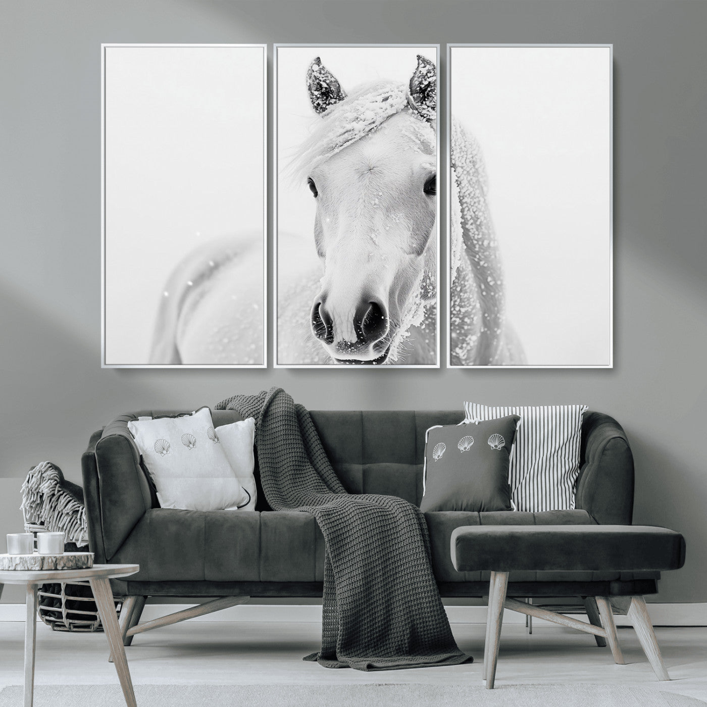 MGV-FC-48X32-3P - Majestic White Horse Wall Art | Ready to Hang and Framed | Farmhouse Wall Decor for Living Room