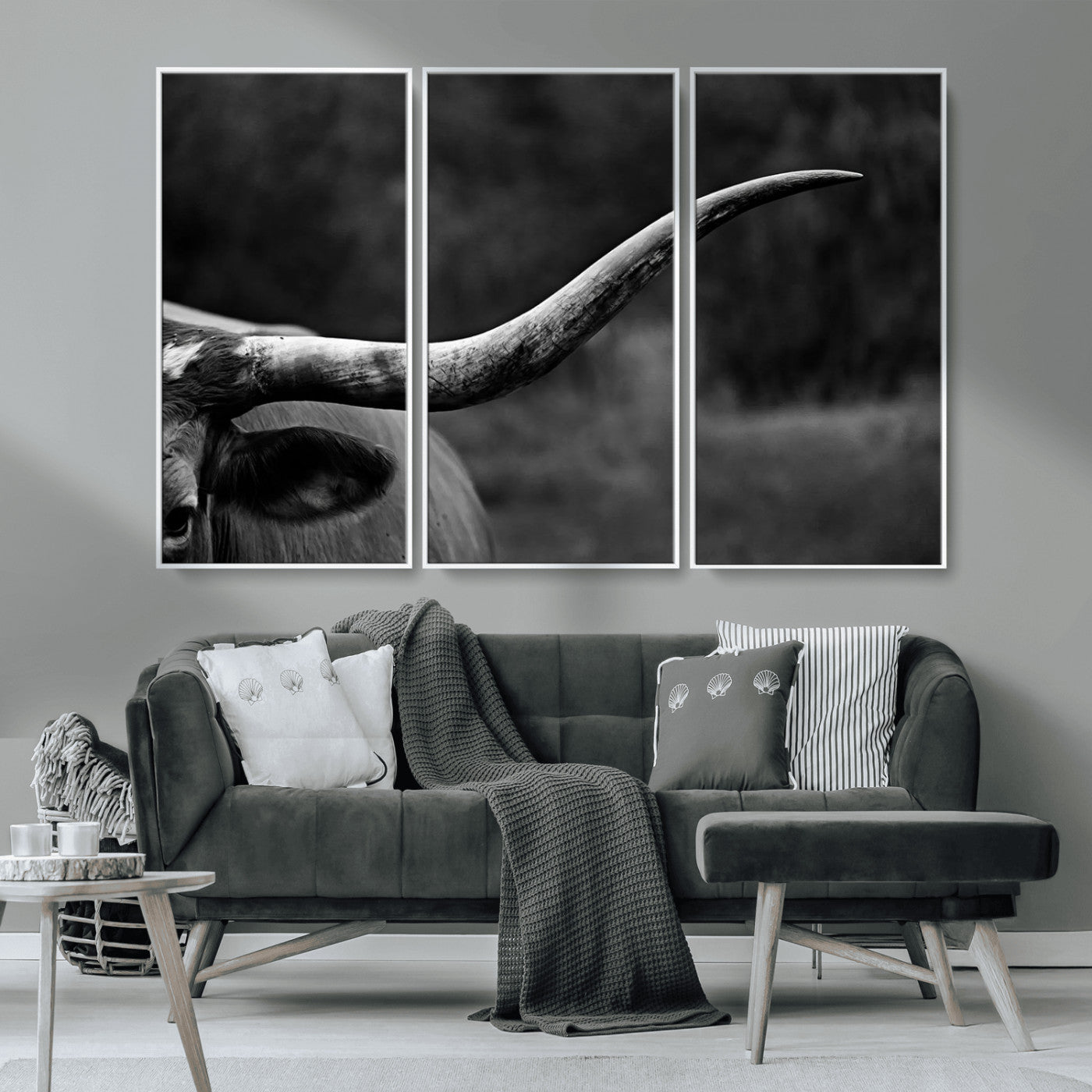 MGV-FC-48X32-3P - Cow Longhorn Wall Art | Black and White Print | Ready to Hang and Framed | Farmhouse Wall Decor |