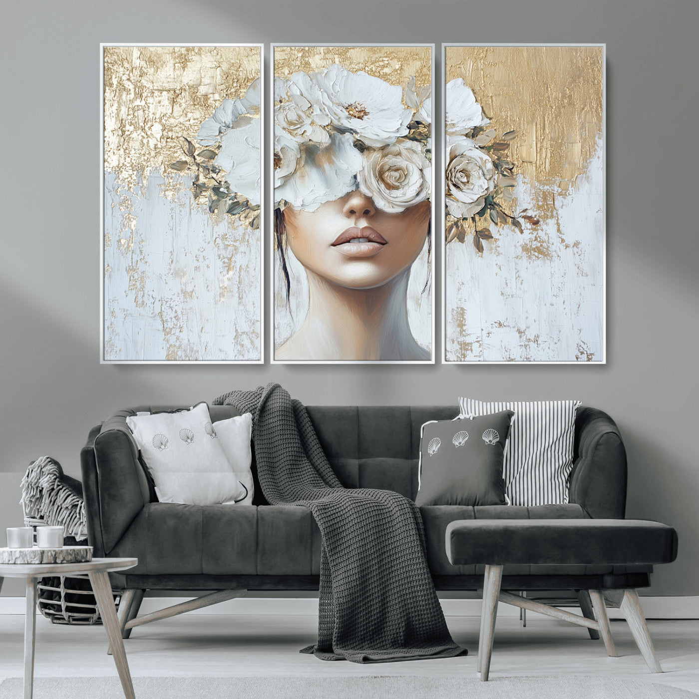 MGV-FC-48X32-3P - Golden Petal Wall Art - Canvas Print Flower Head Woman Painting Floral Woman Portrait Wall Decor,
