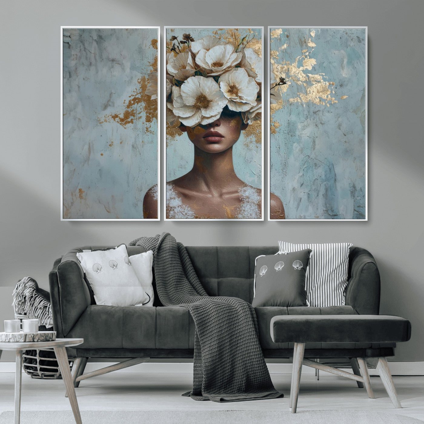 MGV-FC-48X32-3P - Golden Petal Wall Art - Petal Silhouette Woman Wall Art Canvas Print | Large 3-Panel Canvas with