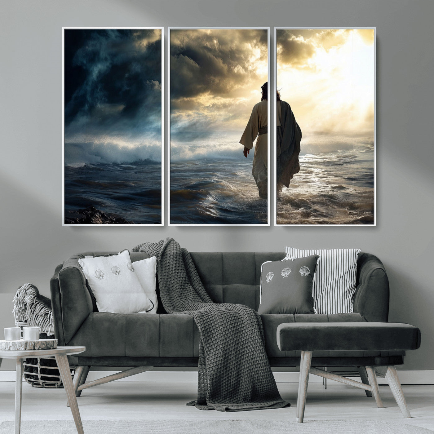 MGV-FC-48X32-3P - Jesus Walking on Water Wall Art | Canvas Print | Ready to Hang | Christian Home Decor | Spiritual