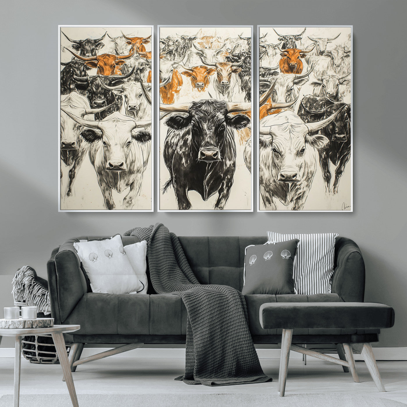 MGV-FC-48X32-3P - Texas Longhorn Wall Art - Herd Canvas Wall Art Print - Abstract Cow Drawing Wall Art Print for