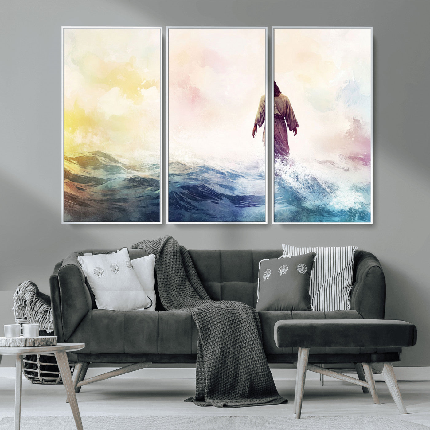 MGV-FC-48X32-3P - Watercolor Jesus Walking on Water Canvas Print, Christian Wall Art, Jesus Christ Walking