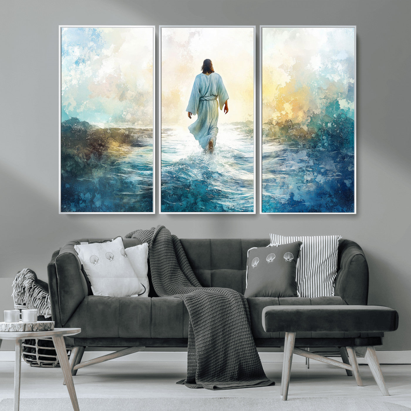 MGV-FC-48X32-3P - Watercolor Jesus Walking on Water Canvas Print, Christian Wall Art, Jesus Christ Walking