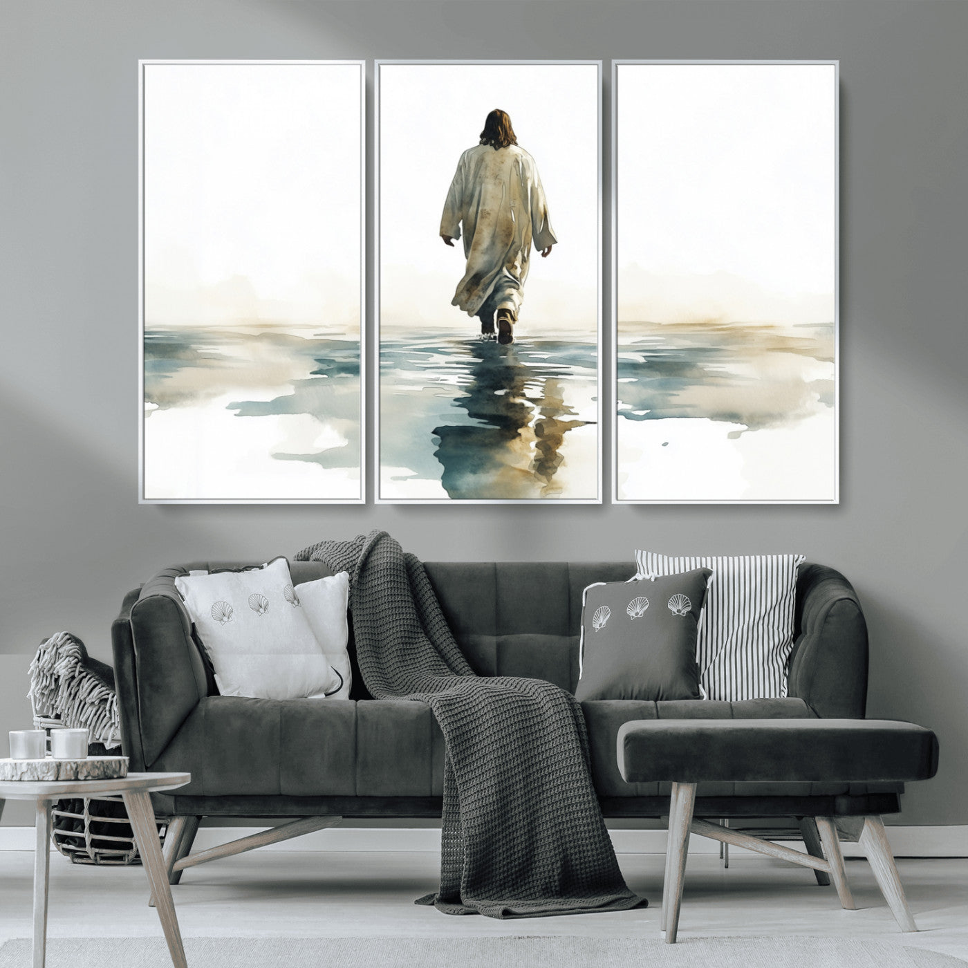 MGV-FC-48X32-3P - Watercolor Jesus Walking on Water Canvas Print, Christian Wall Art, Jesus Christ Walking