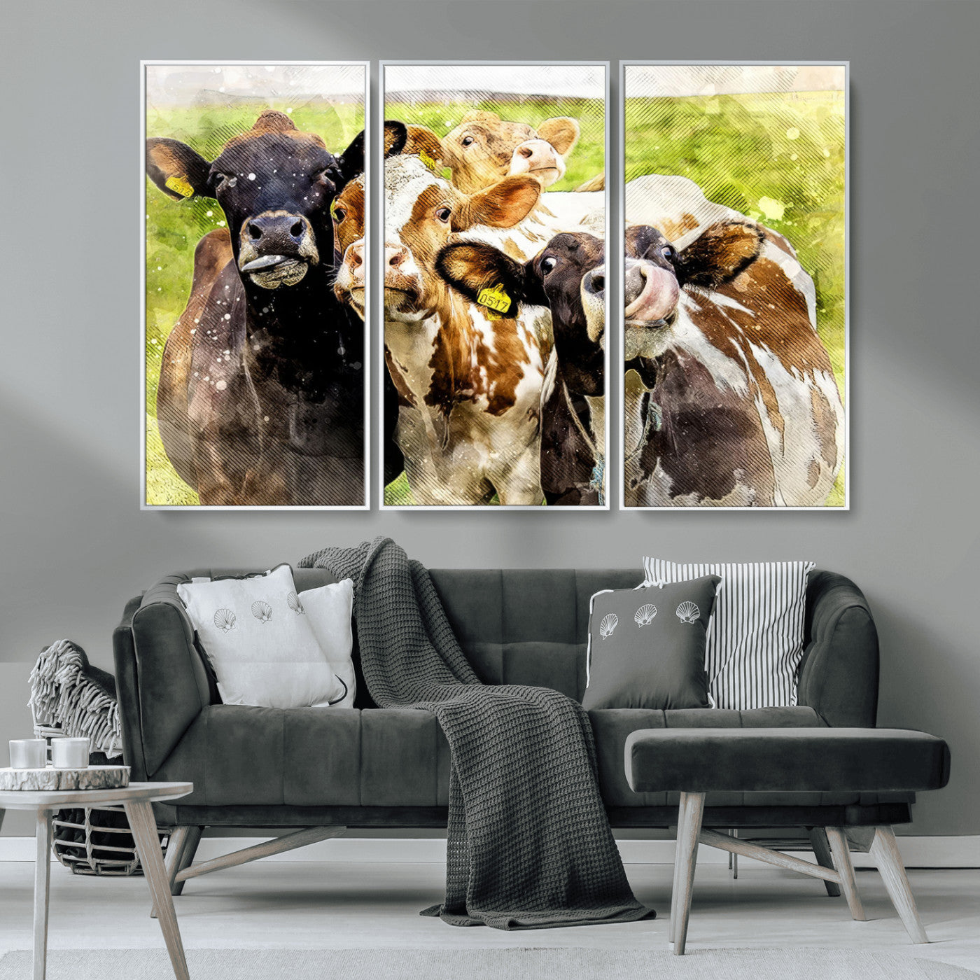 MGV-FC-48X32-3P - Curious Cows Farmhouse Wall Art | Ready to Hang and Framed Canvas Print | Rustic Farm Decor