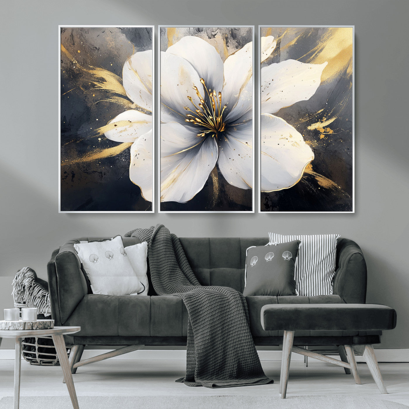 MGV-FC-48X32-3P - White Flower Wall Art Canvas Print | Ready to Hang | Abstract Floral Wall Decor | Elegant Bloom
