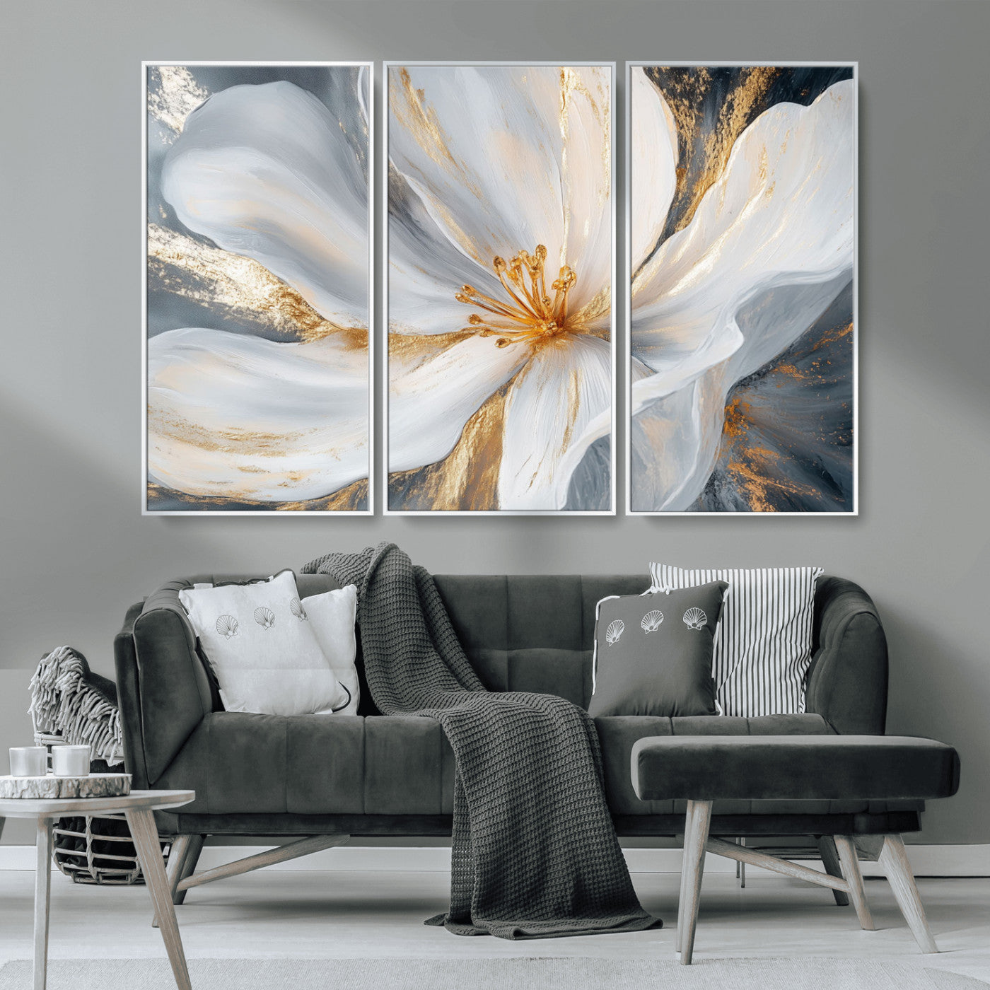 MGV-FC-48X32-3P - White and Gold Floral Canvas Wall Art - Framed and Ready to Hang - Perfect for Modern Living Rooms