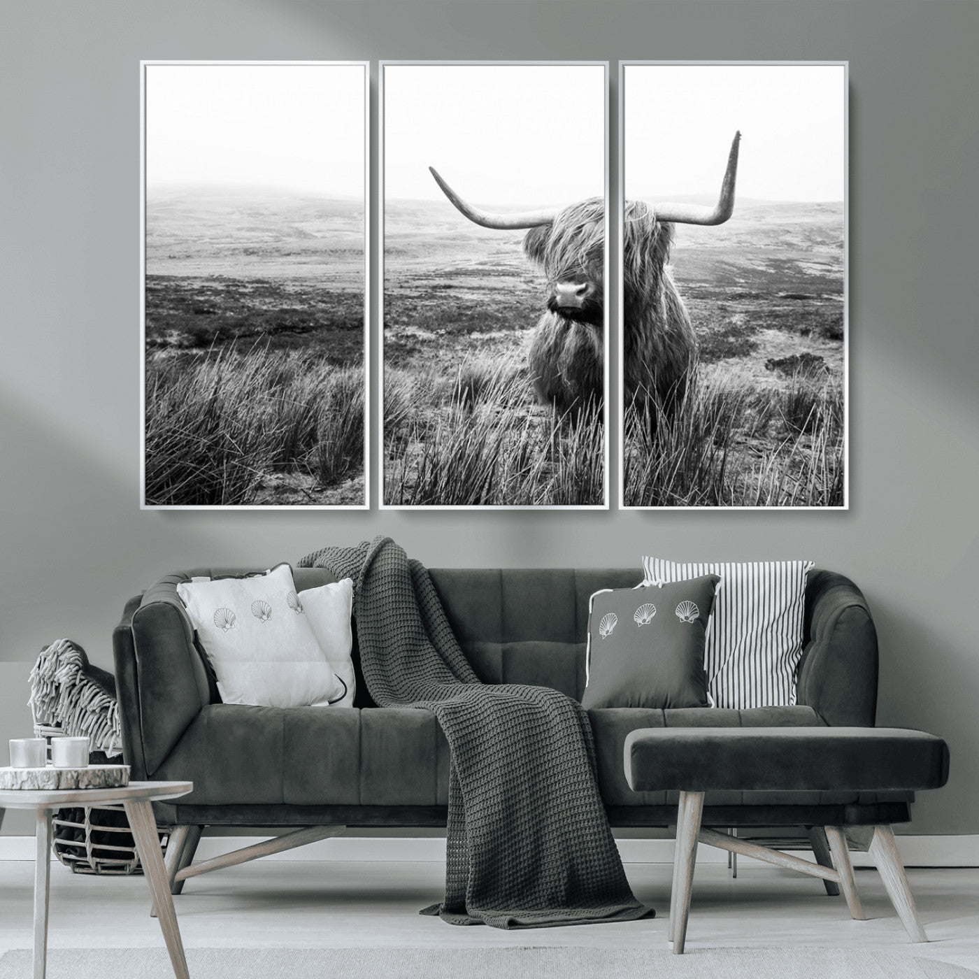MGV-FC-48X32-3P - Scottish Highland Cow Wall Art | Black and White Canvas Print | Ready to Hang and Framed | Rustic