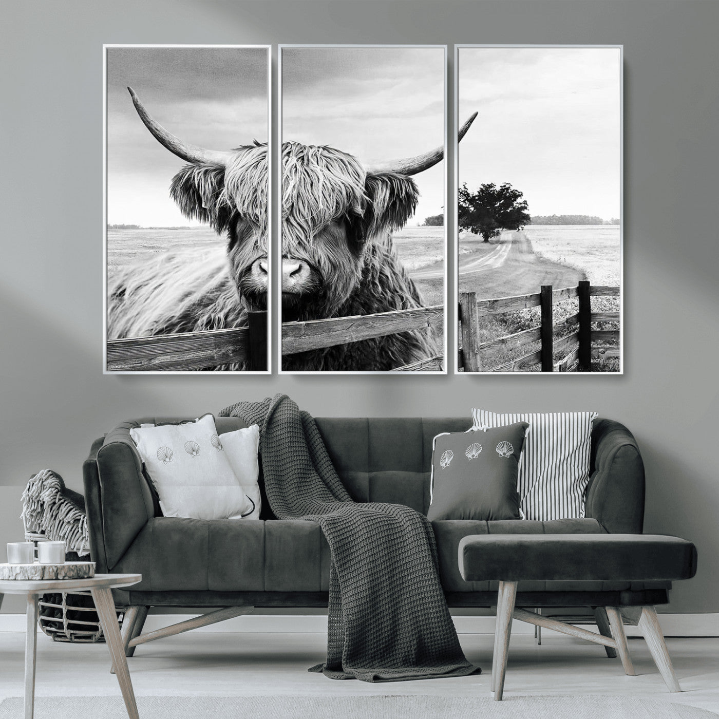 MGV-FC-48X32-3P - Scottish Highland Cow Wall Art | Rustic Farmhouse Décor | Black and White Ready to Hang Canvas Print