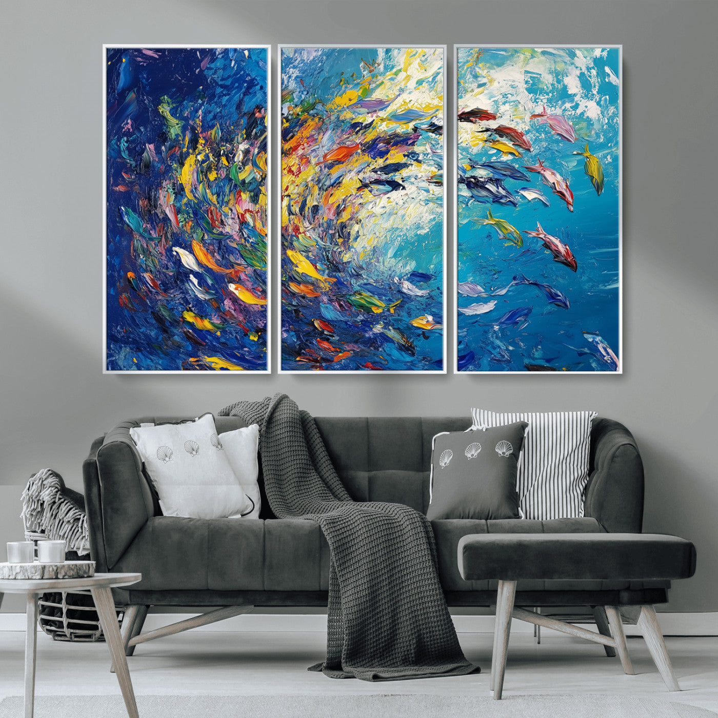 MGV-FC-48X32-3P - Colorful Swirling Fish School Wall Art Canvas Print | Oceanic Abstract Painting | Ready to Hang |