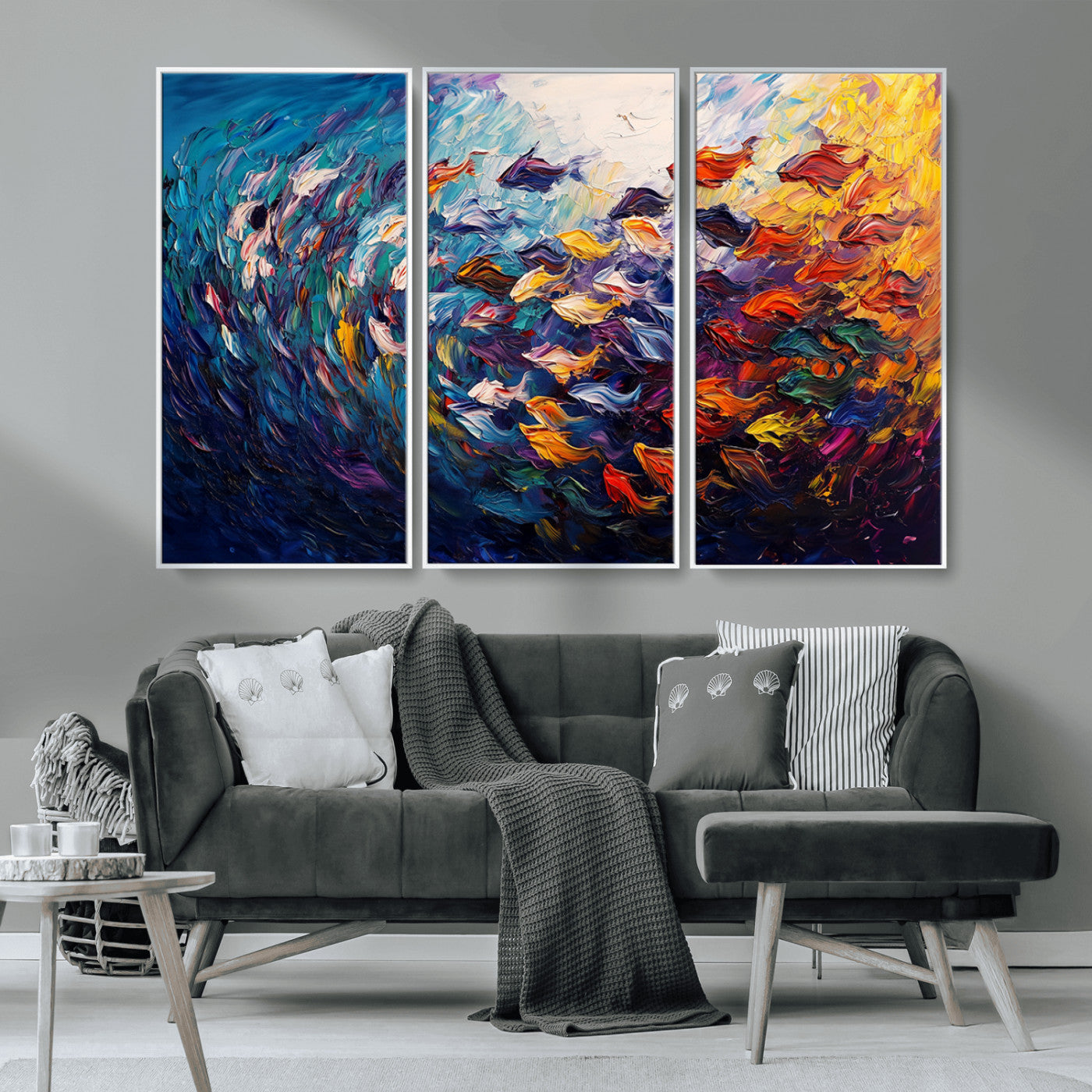 MGV-FC-48X32-3P - Vibrant Abstract Fish Swarm Art – Colorful Fish Inspired 3-Piece Canvas Wall Art for Living Room or