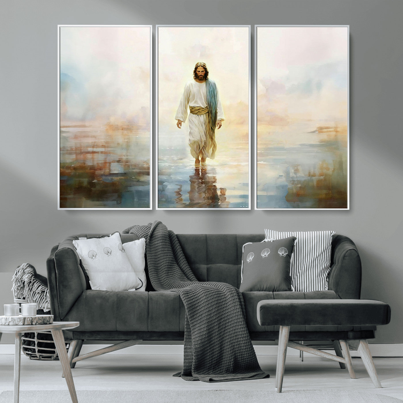 MGV-FC-48X32-3P - Framed Jesus Walking on Water Wall Art - 3-Panel Christian Canvas Prints, Religious Artwork for