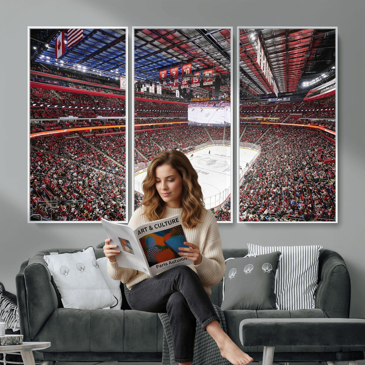 62263-MGV-CV-36X24 - Barton Malow Little Caesars Arena Detroit Wall Art Canvas Print - Detroit Hockey and Basketball