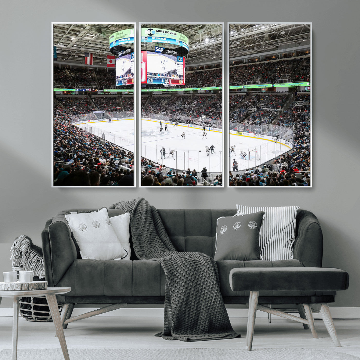 MGV-FC-48X32-3P - Sharks Arena Blackhawks Sharks Ice Hockey Stadium Wall Art Canvas Print, Framed Blackhawks Sharks