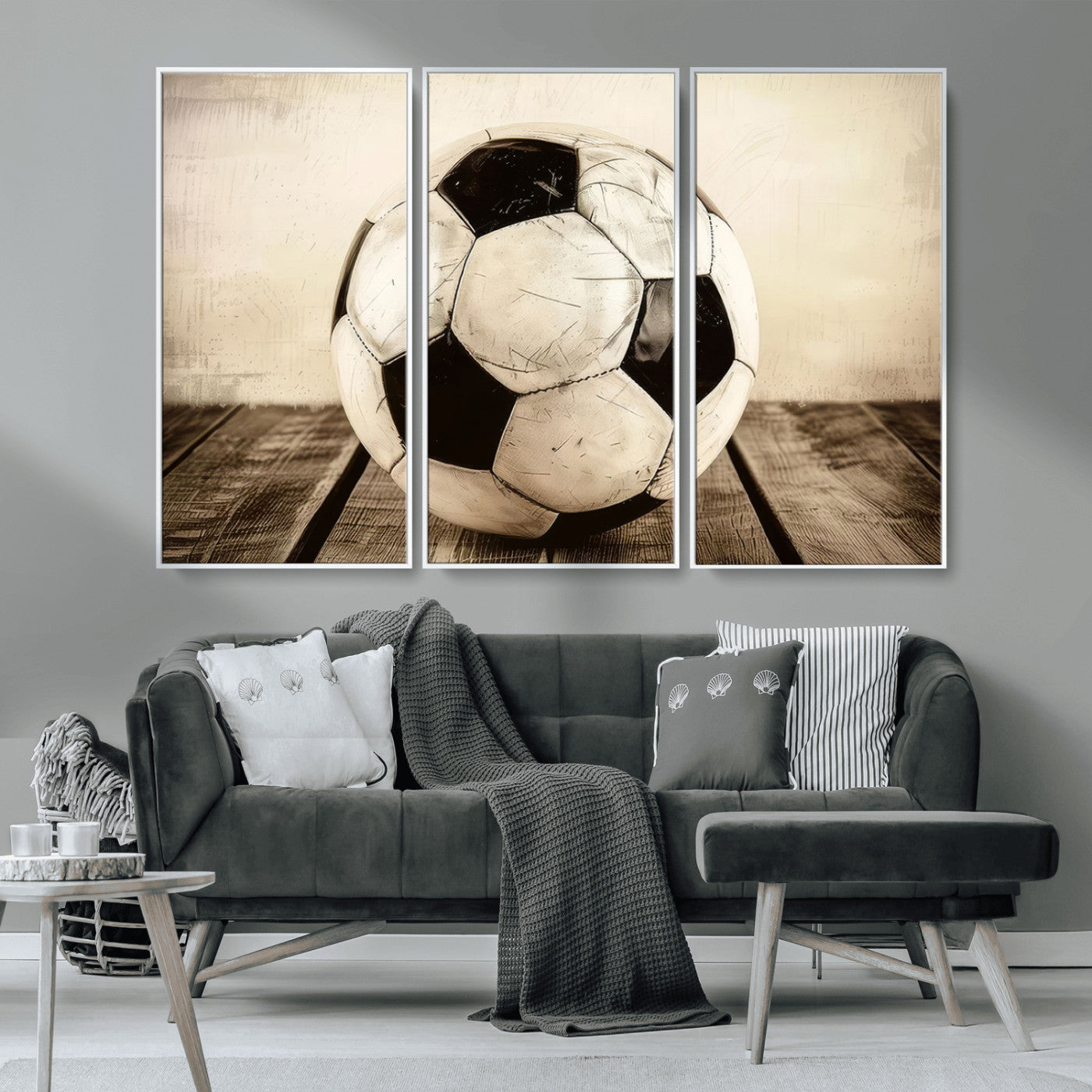 MGV-FC-48X32-3P - Vintage Soccer Ball Wall Decor Canvas Art – 3-Panel Soccer Wall Decor, Framed and Ready to Hang