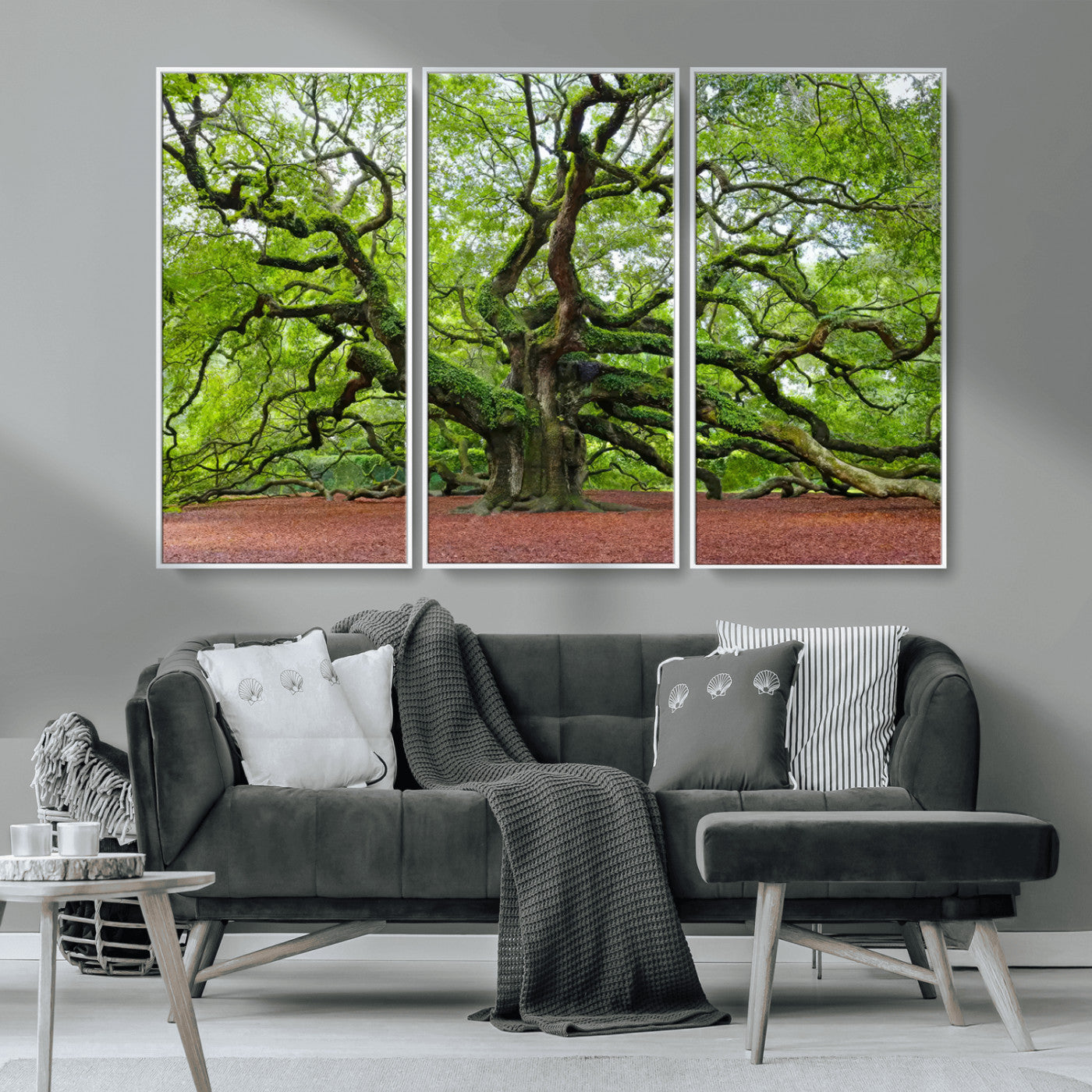 MGV-FC-48X32-3P - Framed Angel Oak Tree Wall Art - 3-Panel Canvas Prints, Large Green Nature Artwork, Ready to Hang