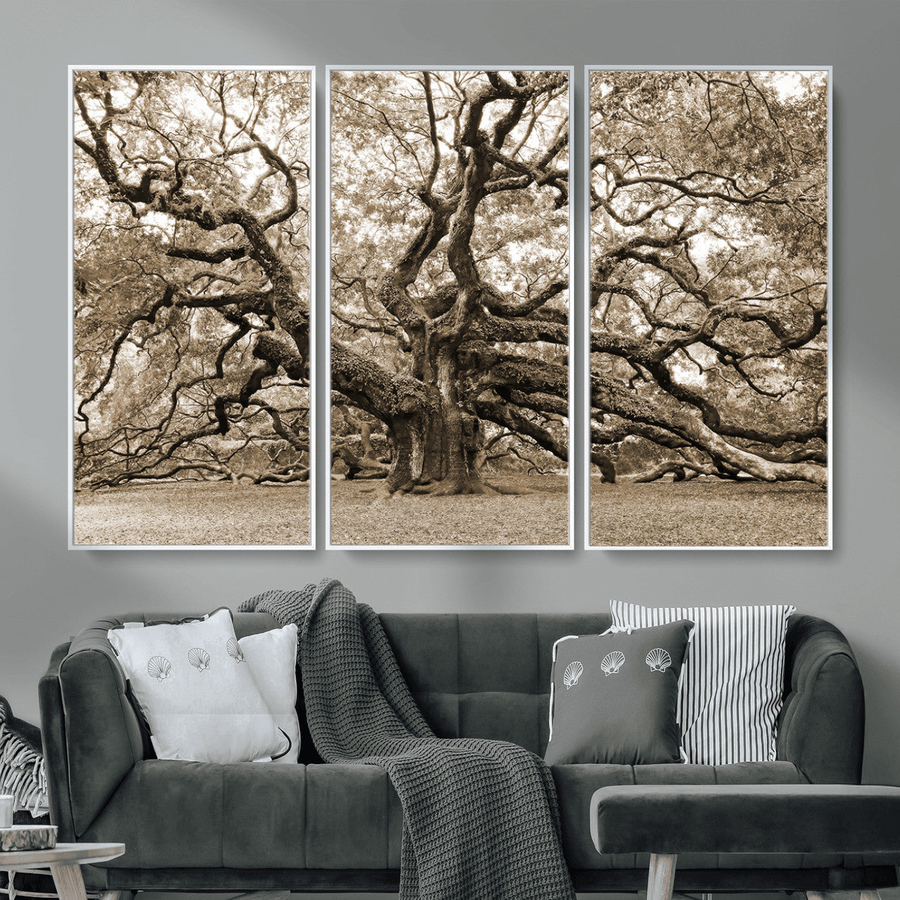 51126-MGV-CV-36X24 - Sepia Framed Angel Oak Tree Wall Art - 3-Panel Canvas Prints, Large Green Nature Artwork, Ready to