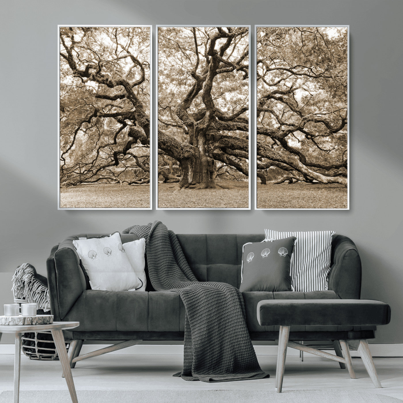 51126-MGV-CV-36X24-Sepia Framed Angel Oak Tree Wall Art - 3-Panel Canvas Prints, Large Green Nature Artwork, Ready to