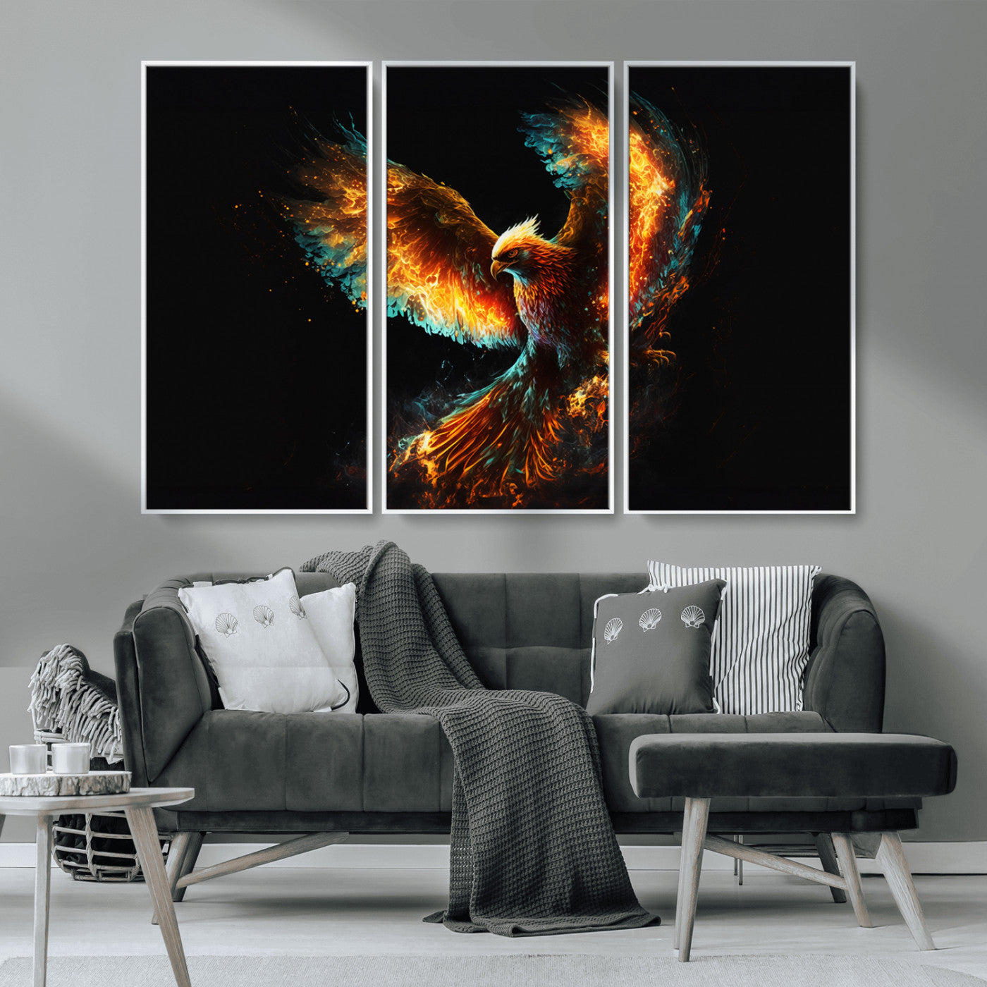 MGV-FC-48X32-3P - Fiery Phoenix Canvas Print | Ready to Hang Wall Art | Bold Fantasy Decor for Living Room | Majestic