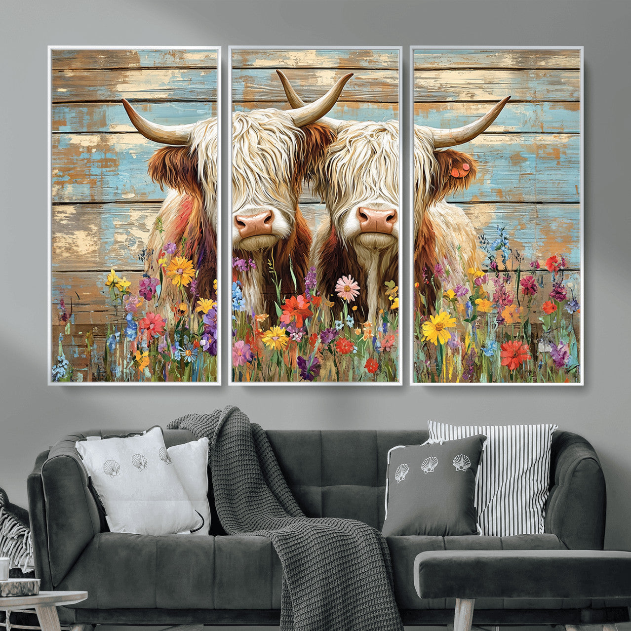 36972-MGV-CV-36X24 - Cute Highland Cow Canvas Wall Art - Rustic Farmhouse Decor with Colorful Flowers Perfect Wall Art