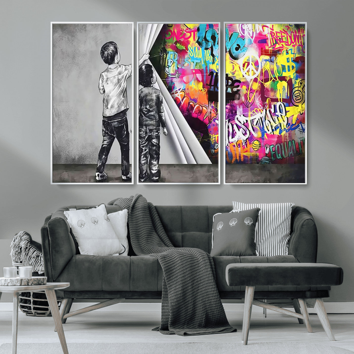 MGV-FC-48X32-3P - Banksy Print - Street Art Canvas Wall Art - Kids Revealing Graffiti, Urban Modern Decor for Living