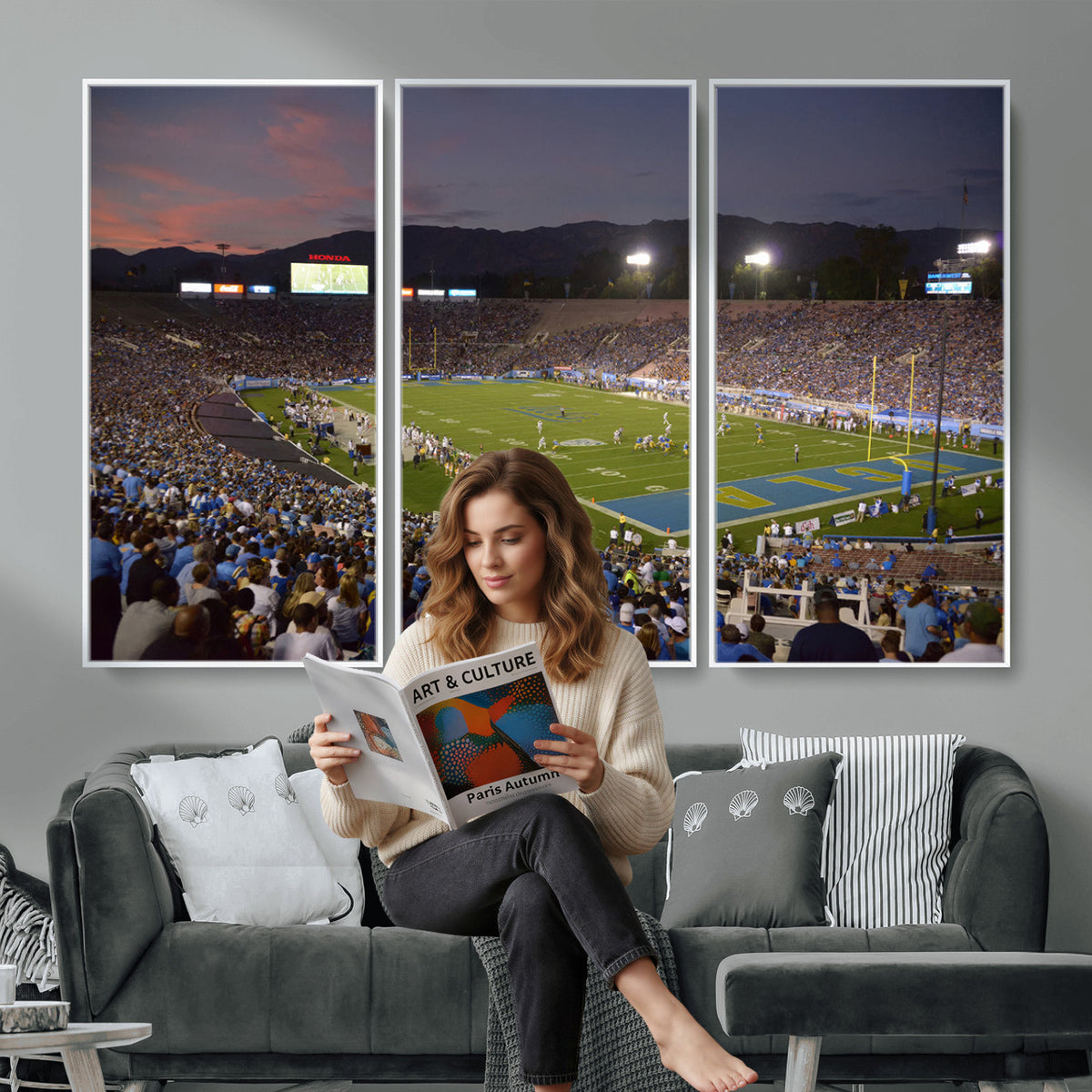 90359-MGV-CV-36X24 - UCLA Bruins Football Team Print - Pasadena Rose Bowl Stadium Wall Art Canvas Print