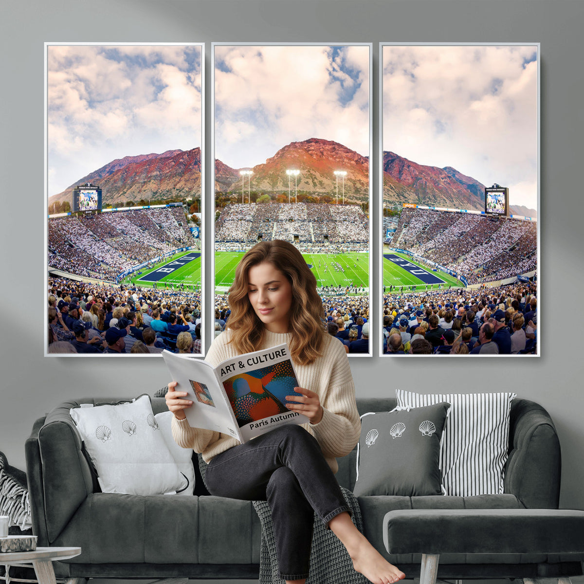 85734-MGV-CV-36X24 - Brigham Young University Cougars Football Team Print - Provo LaVell Edwards Stadium Wall Art Canvas