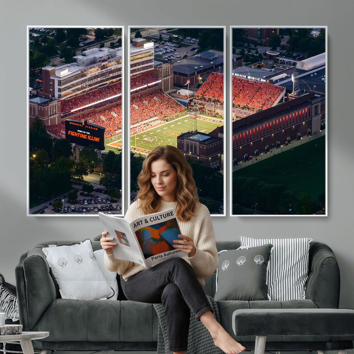 78052-MGV-CV-36X24 - University of Illinois Fighting Illini Football Team Print - Champaign Illinois Memorial Stadium