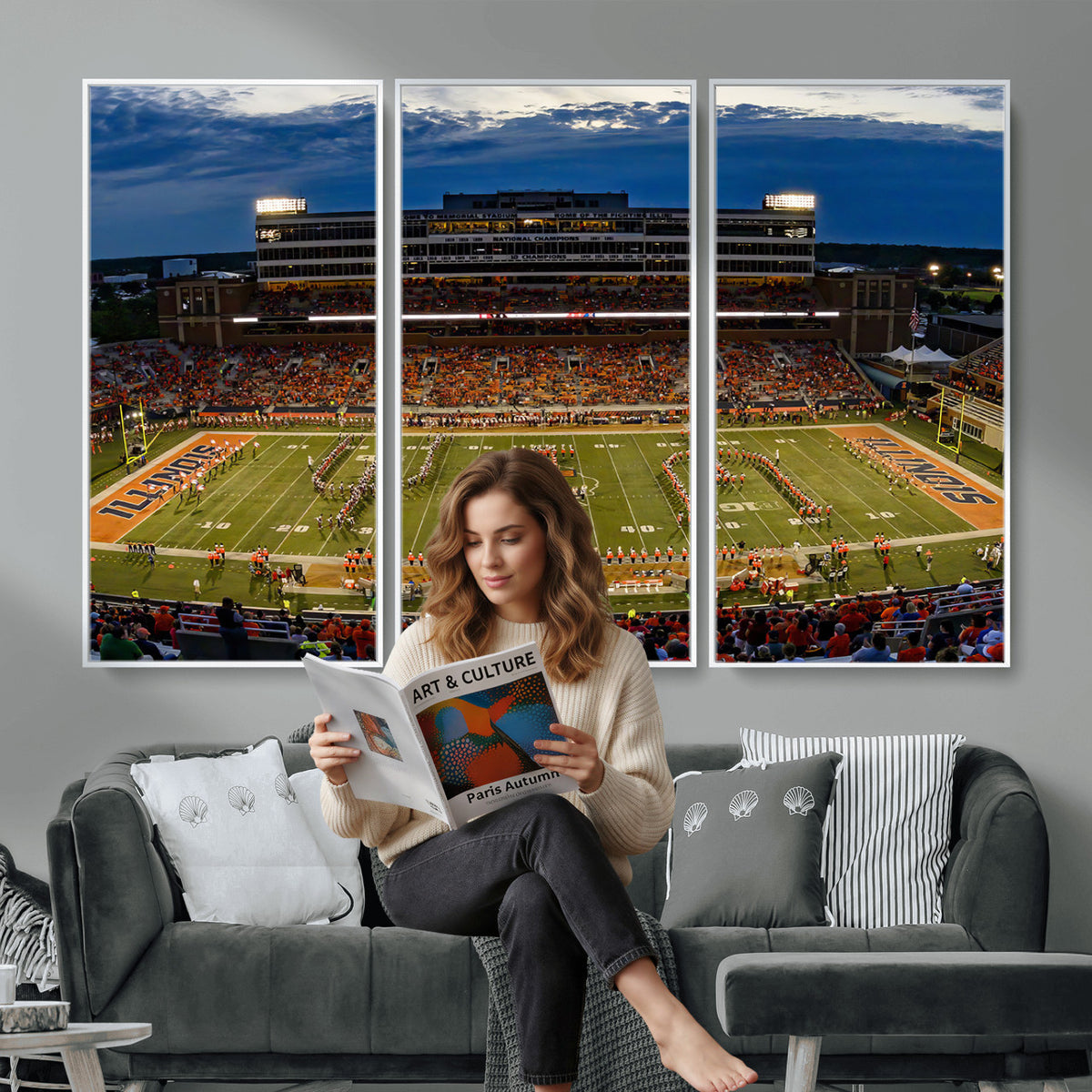 44513-MGV-CV-36X24 - University of Illinois Fighting Illini Football Team Print - Champaign Illinois Memorial Stadium