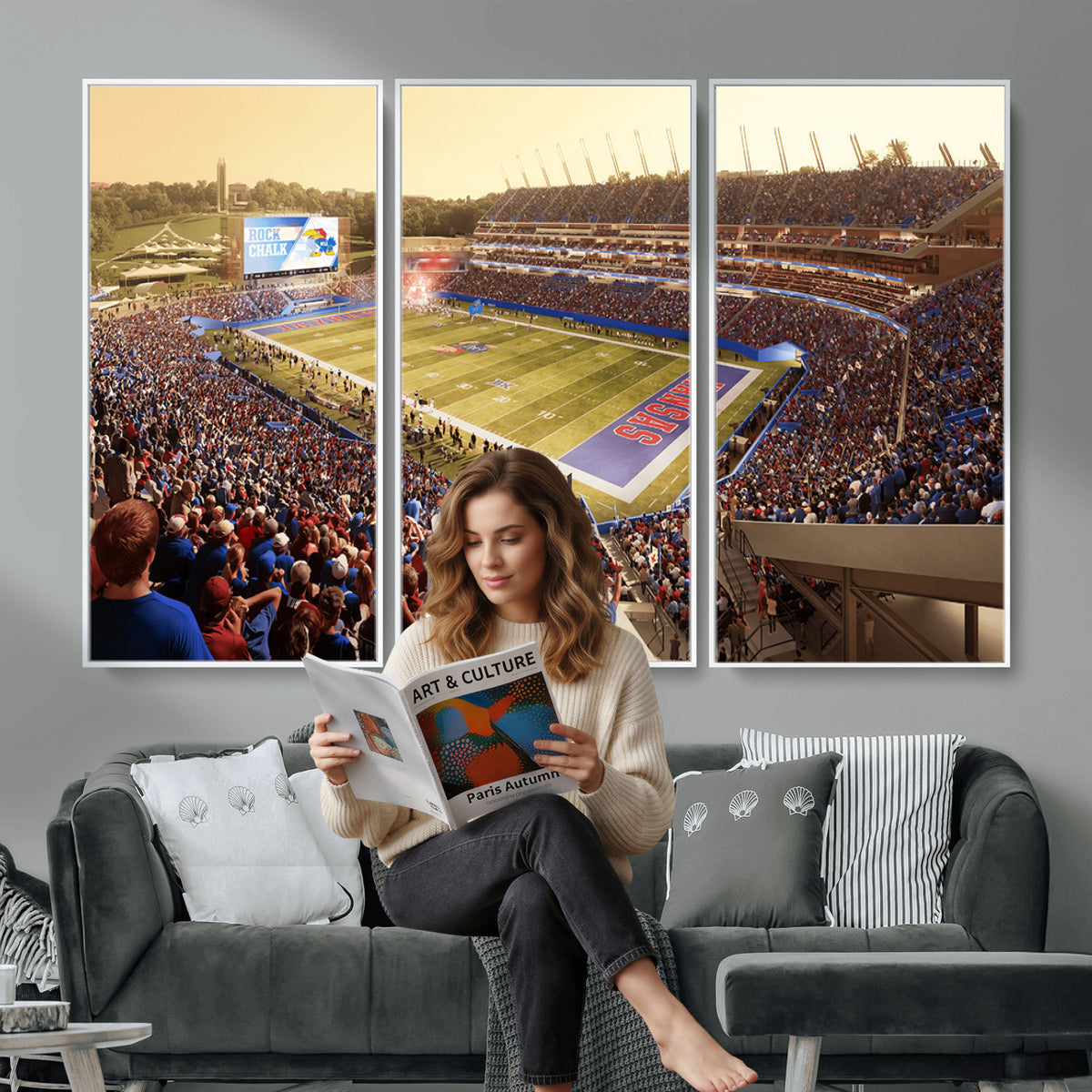 71731-MGV-CV-36X24 - University of Kansas Jayhawks Football Team Print - Lawrence Kansas Memorial Stadium Wall Art Canvas