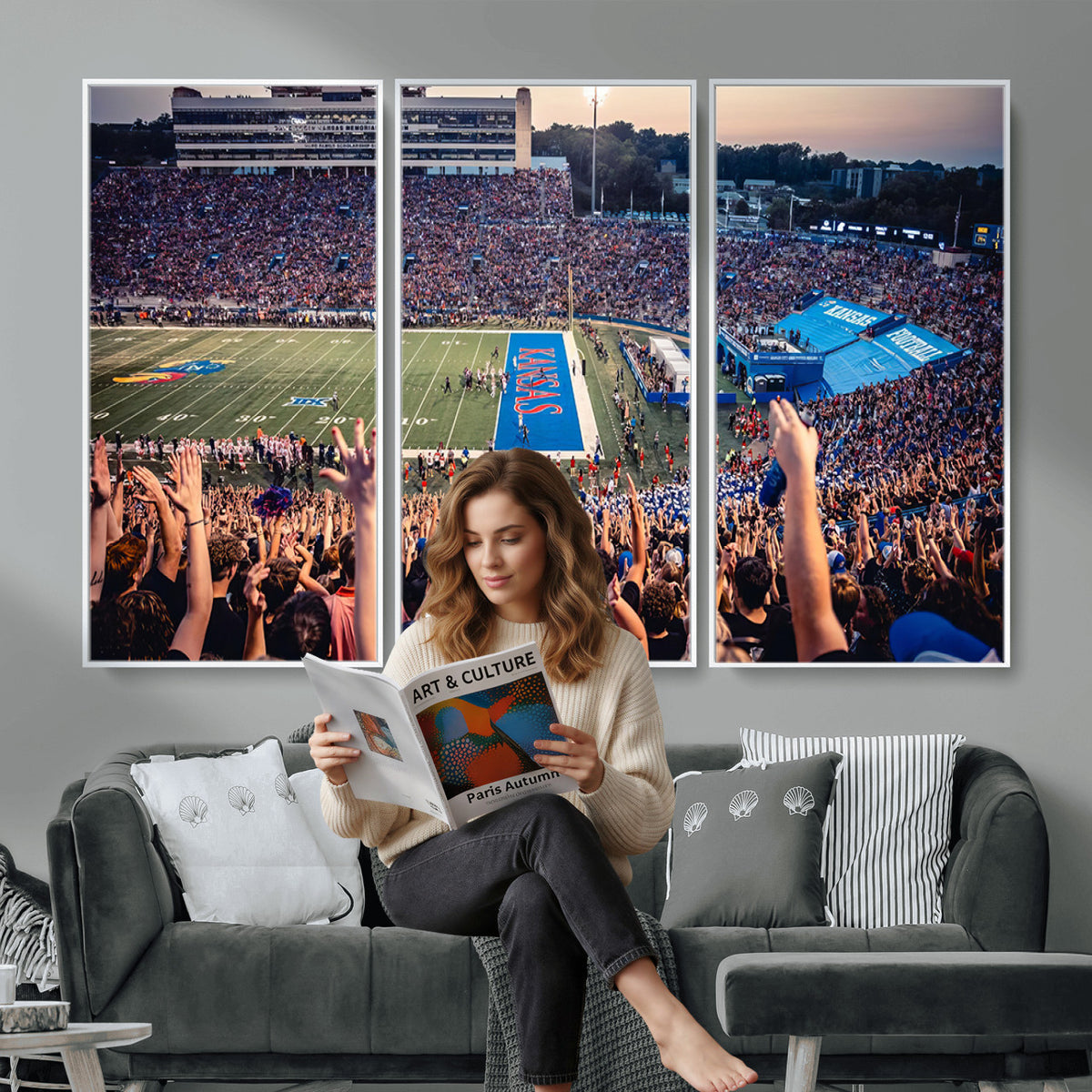 40169-MGV-CV-36X24 - University of Kansas Jayhawks Football Team Art Print - Lawrence Kansas Memorial Stadium Wall Art