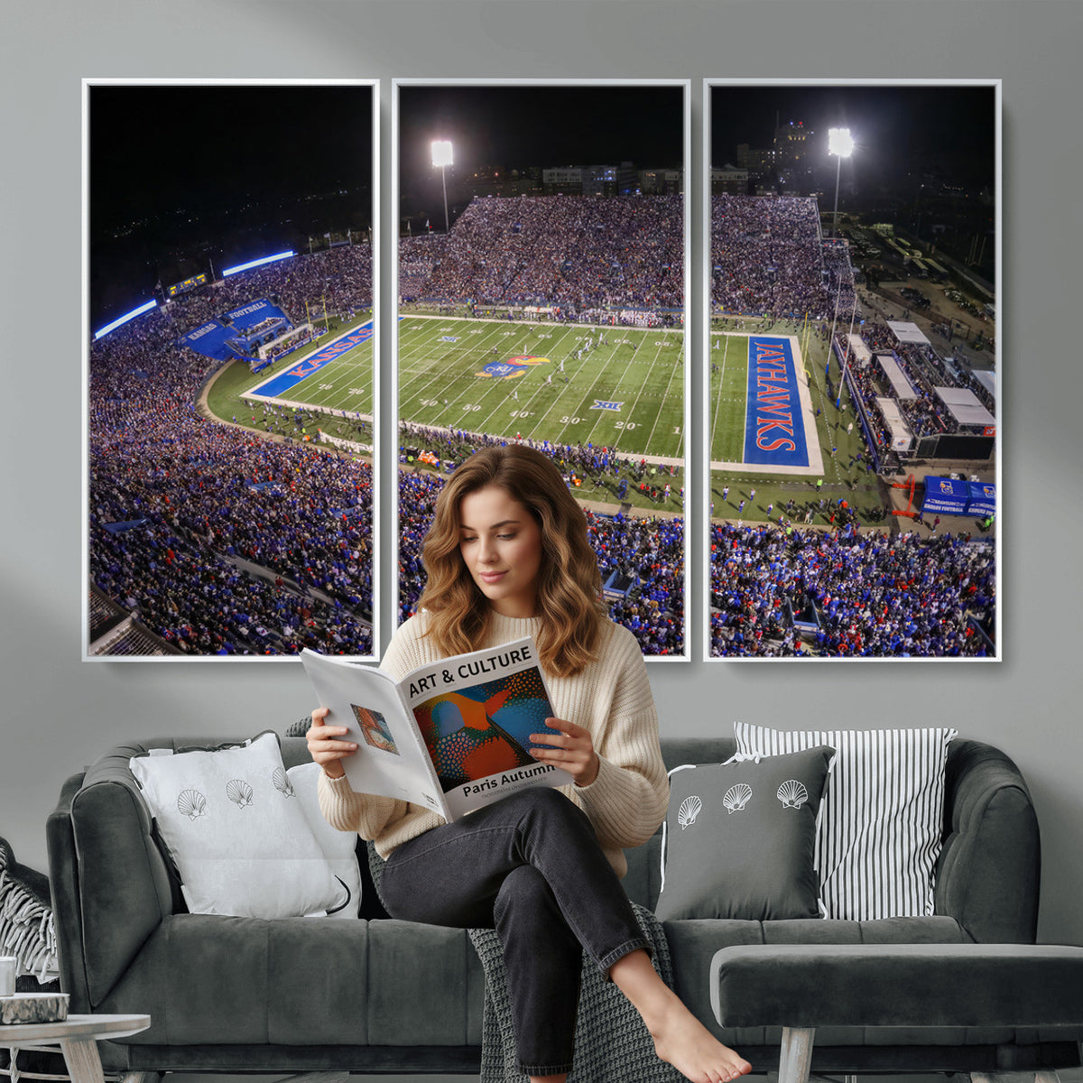 69760-MGV-CV-36X24 - University of Kansas Jayhawks Football Team Print - Lawrence Kansas Memorial Stadium Wall Art Canvas