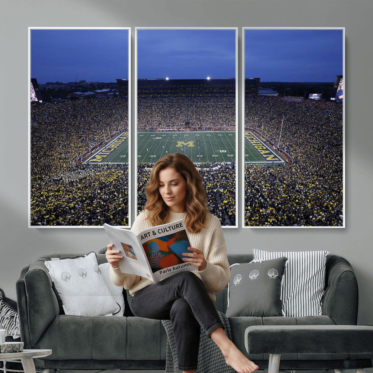 34202-MGV-CV-36X24 - University of Michigan Wolverines Football Team Print - Ann Arbor Michigan Stadium Wall Art Canvas