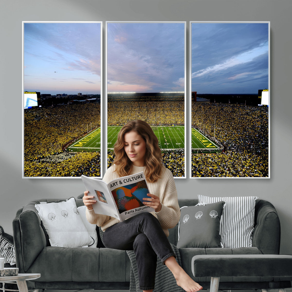 82641-MGV-CV-36X24 - University of Michigan Wolverines Football Team Print - Ann Arbor Michigan Stadium Wall Art Canvas