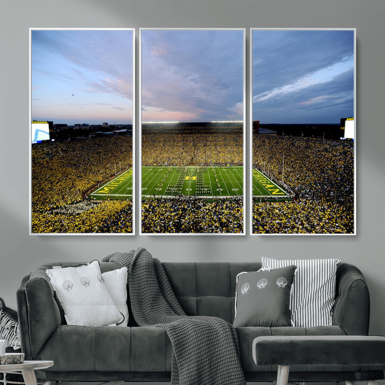 82641-MGV-CV-36X24 - Michigan Stadium Wall Art Canvas Print, Vibrant Game Day Crowd and Sunset Sky Football Field Artwork for Home, Office