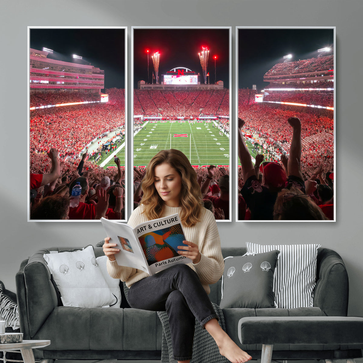 43351-MGV-CV-36X24 - University of Nebraska Cornhuskers Football Team Print - Lincoln Memorial Stadium Wall Art Canvas