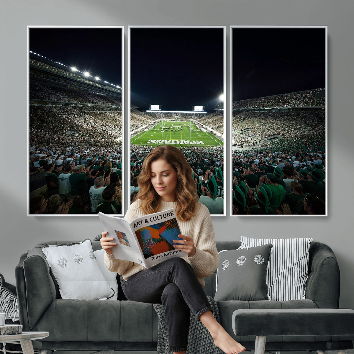 57523-PAN-FL-20X10 - Framed Michigan State Spartans Football Team Print - East Lansing Spartan Stadium Wall Art Canvas