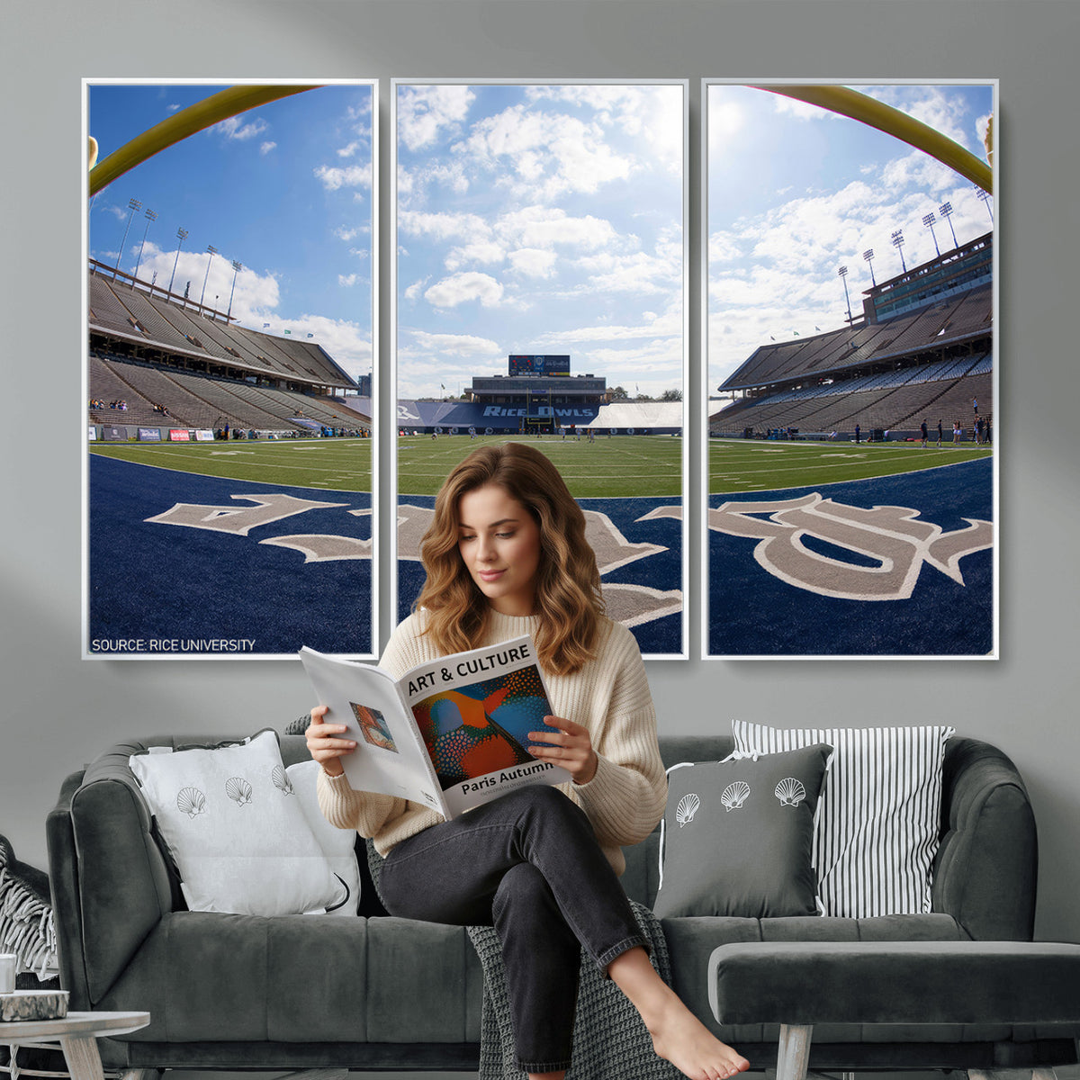 50267-MGV-CV-36X24 - Rice University Owls Football Team Print, Houston Rice Stadium, Framed and Ready to Hang