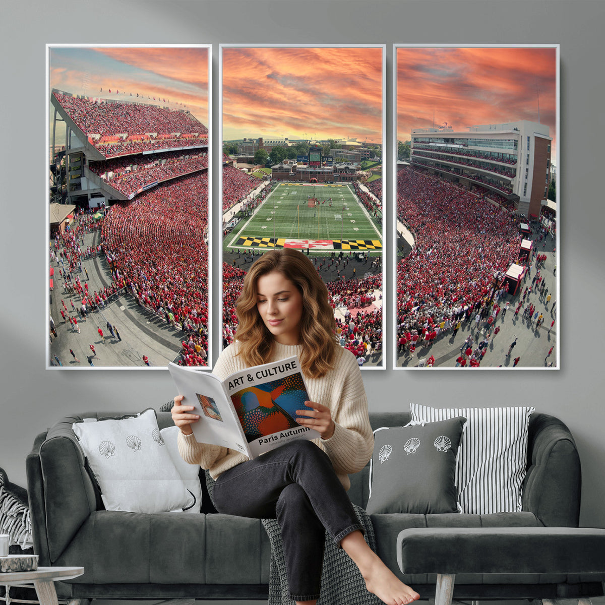 24140-PAN-FL-20X10 - University of Maryland Terrapins Football Team Print - College Park SECU Stadium Wall Art Canvas
